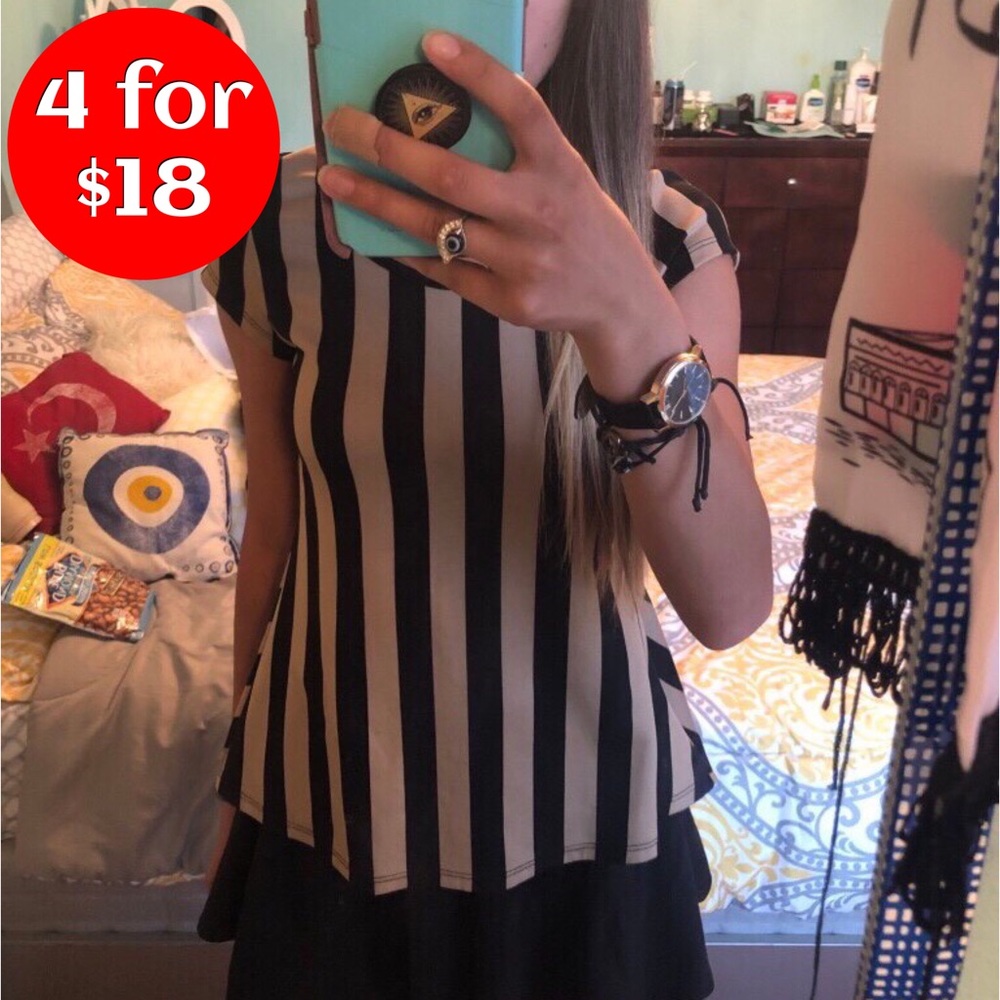 Persaya Black and Gold Striped Bowed Dress Top